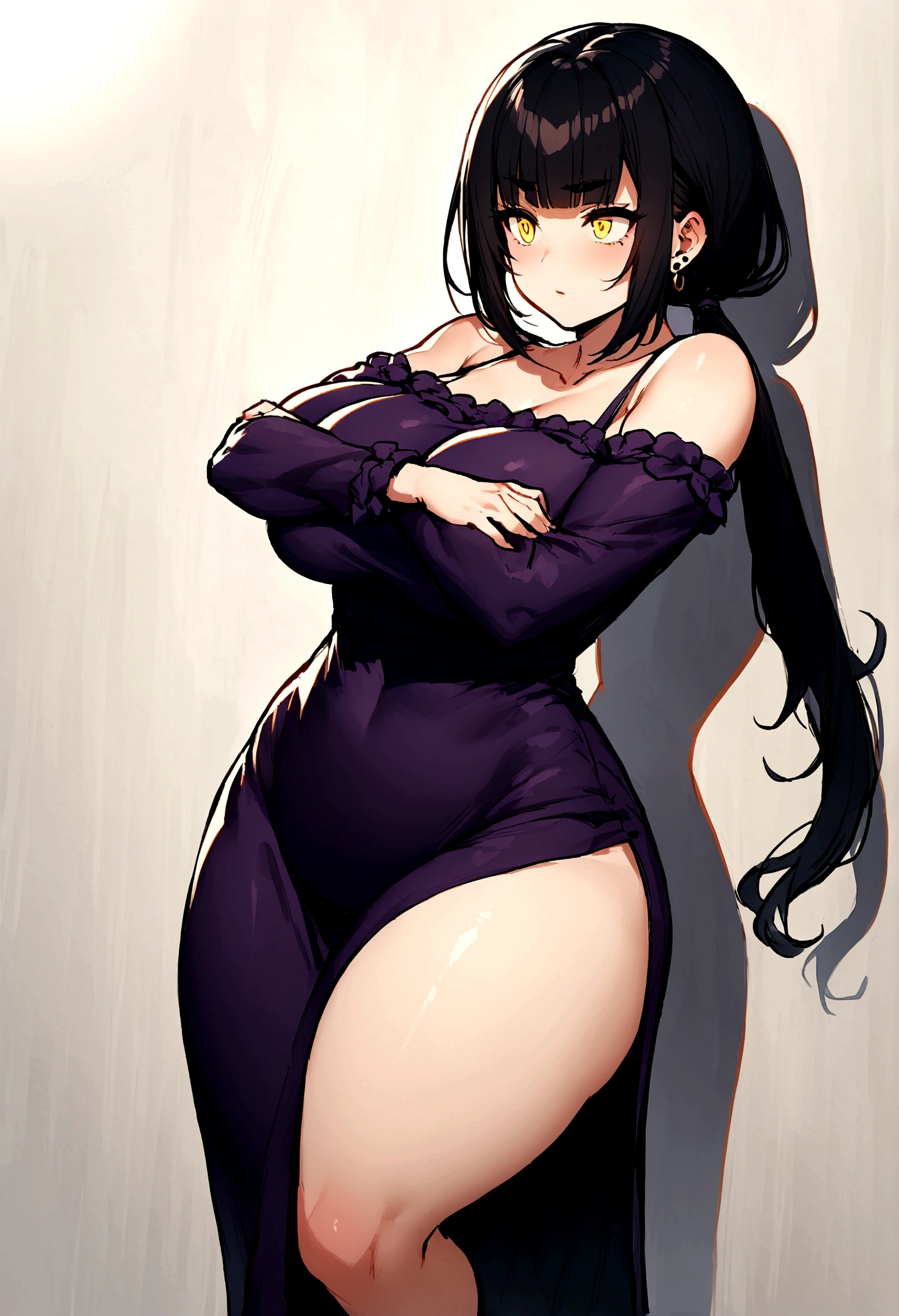 There is a tall, dominant looking woman, with a curvy body. She has long black hair, bangs just over the eyebrows, and the back of her hair in a low ponytail. She has yellow, piercing eyes, and a cold stare at the POV. She is wearing a dark purple dress, going up to her neck and down to her feet, form fitting around her body, accentuating her curvy figure. She is crossing her arms.