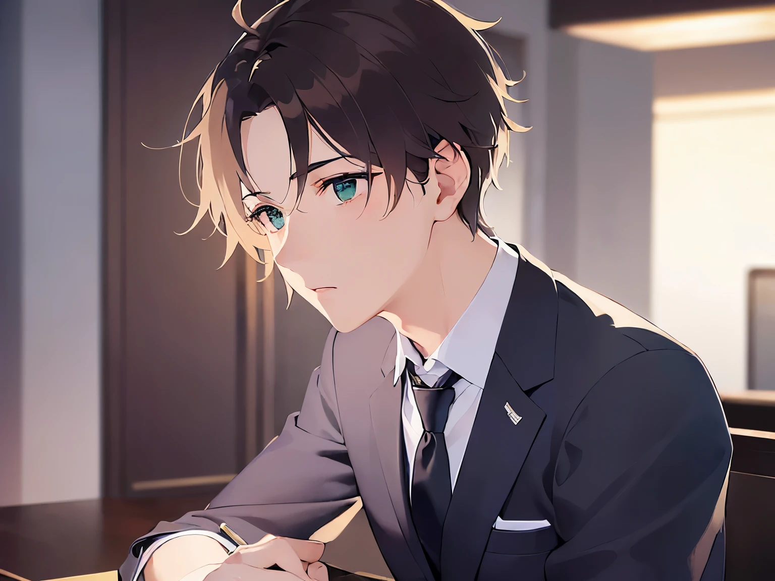 (26-year-old male:1.5),(Brown short hair),(Green Eyes),BREAK(Wearing a suit:1.5) and (Blue tie)BREAK,(Worried),The background is the company desk,alone,side angle,(looking away:1.5)