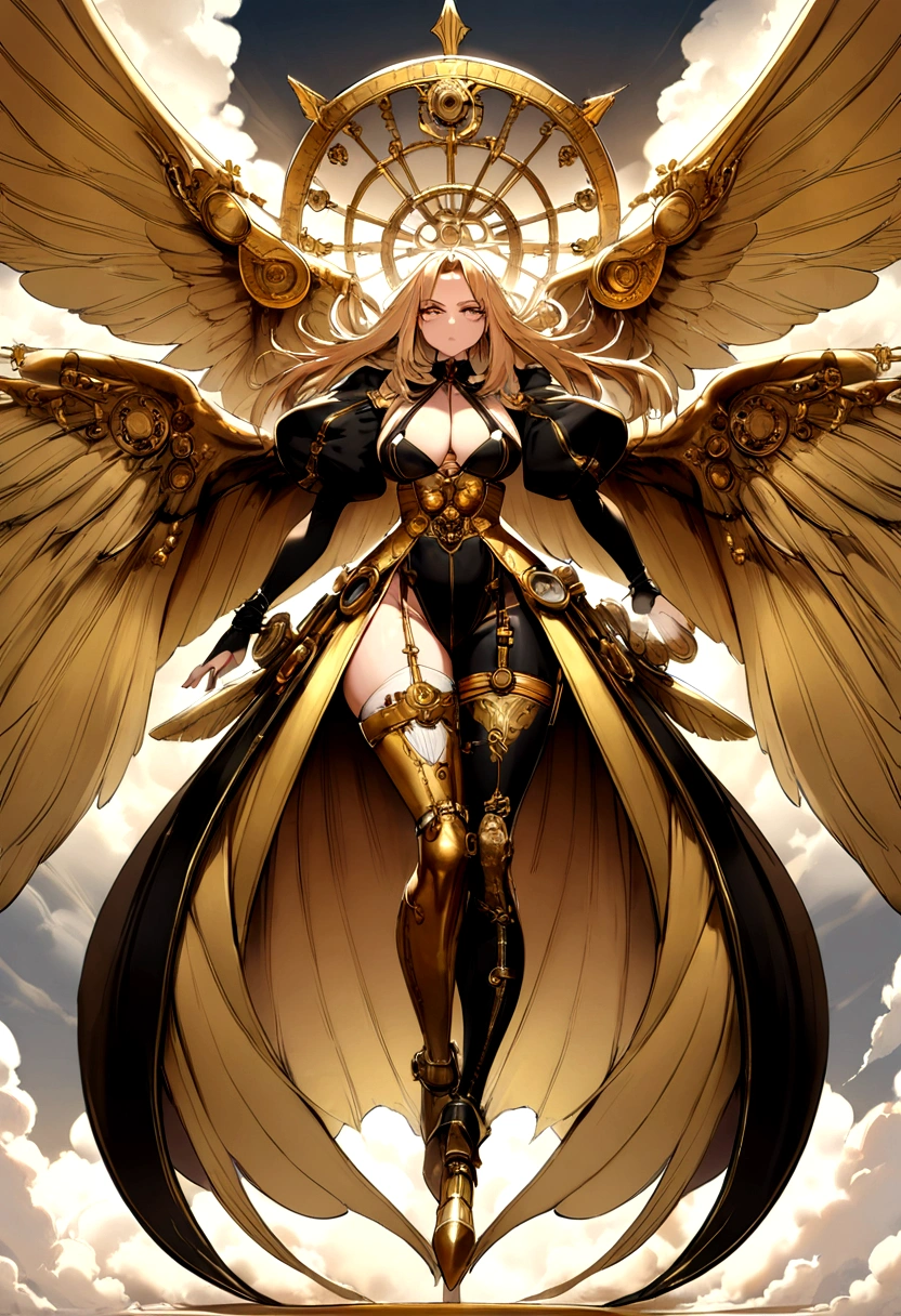 steam punk angel, gold ornaments, full body, gigantic wings, powerfull, intimidating, beautiful face