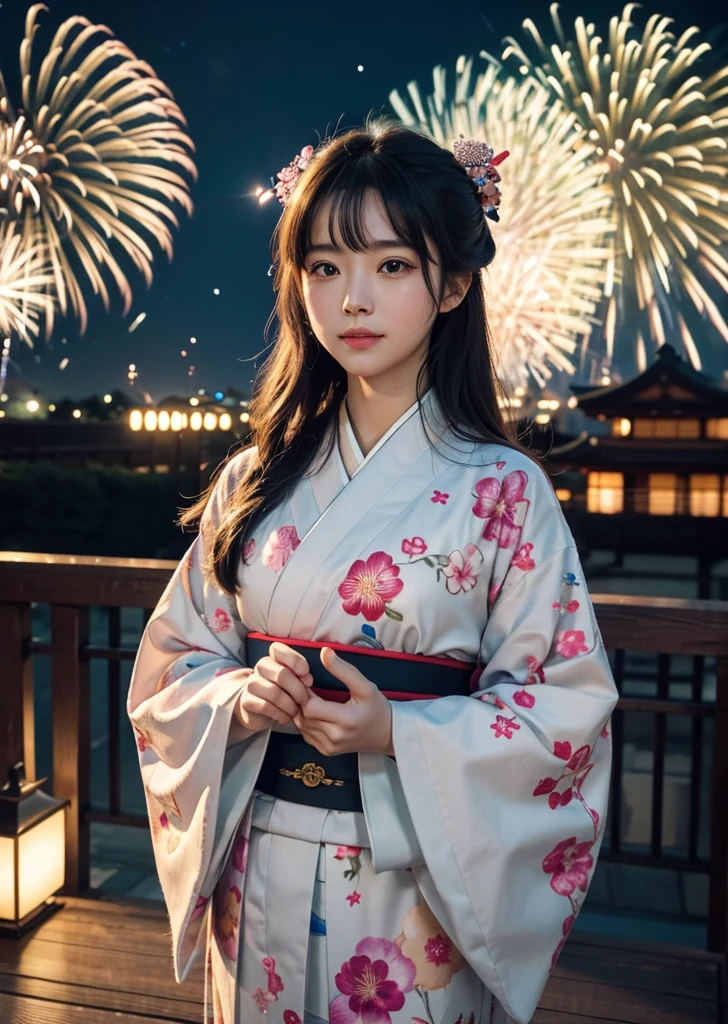 Diffuse lighting、 Highest quality, High resolution, unity 8k wallpaper、Supersaturation, Colorful, 8K resolution, 1 female、Japanese、23age、Close-up portrait adorable,Too cute cat, Fine grain, Large, round, reflective eyes,Walking through the ceremony grounds in a kimono, Colorful fireworks burst into the sky. The atmosphere was cheerful, With volume light, Soft Light, Aerial fireworks、Japanese Festivals, Best Quality, Depth of written boundary, Detailed Background, Beautiful cheeks, Sparkling Eyes, And the starry sky at night,
