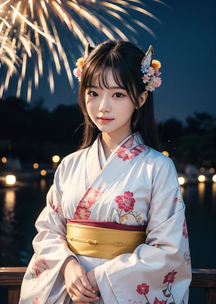 Diffuse lighting、 Highest quality, High resolution, unity 8k wallpaper、Supersaturation, Colorful, 8K resolution, 1 female、Japanese、23age、Close-up portrait adorable,Too cute cat, Fine grain, Large, round, reflective eyes,Walking through the ceremony grounds in a kimono, Colorful fireworks burst into the sky. The atmosphere was cheerful, With volume light, Soft Light, Aerial fireworks、Japanese Festivals, Best Quality, Depth of written boundary, Detailed Background, Beautiful cheeks, Sparkling Eyes, And the starry sky at night,