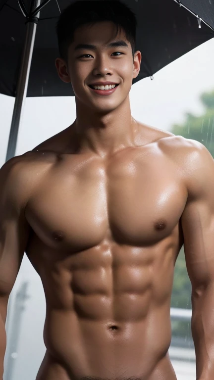 A handsome naked men ,20 age , Short Hair Hair, korea , Student,full naked, front-view, smile ,Pectoral muscles, Wide shoulders ,athlete , Upper body (1.3), It's raining: 1.3, road: 1.2, body dripping wet: 1.1, his penis, manly penis, big ass