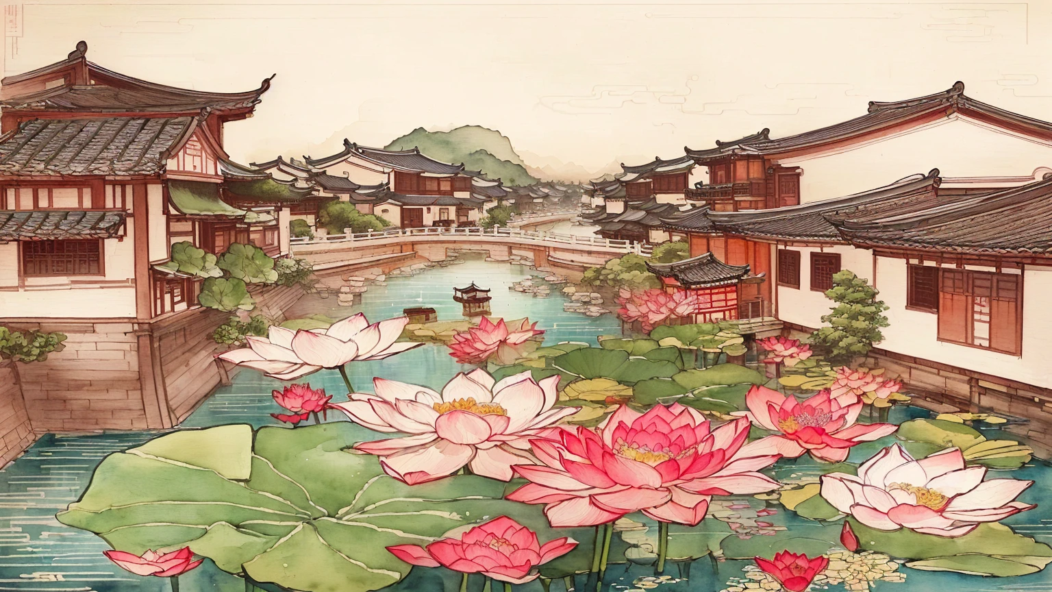 there is a painting of a river with flowers and buildings, dreamy chinese town, chinese watercolor style, chinese painting style, chinese style painting, traditional chinese watercolor, chinese village, old asian village, ancient china art style, lotus pond, traditional chinese art, a beautiful artwork illustration, chinese brush pen illustration, traditional chinese painting, highly detailed water colour 8k