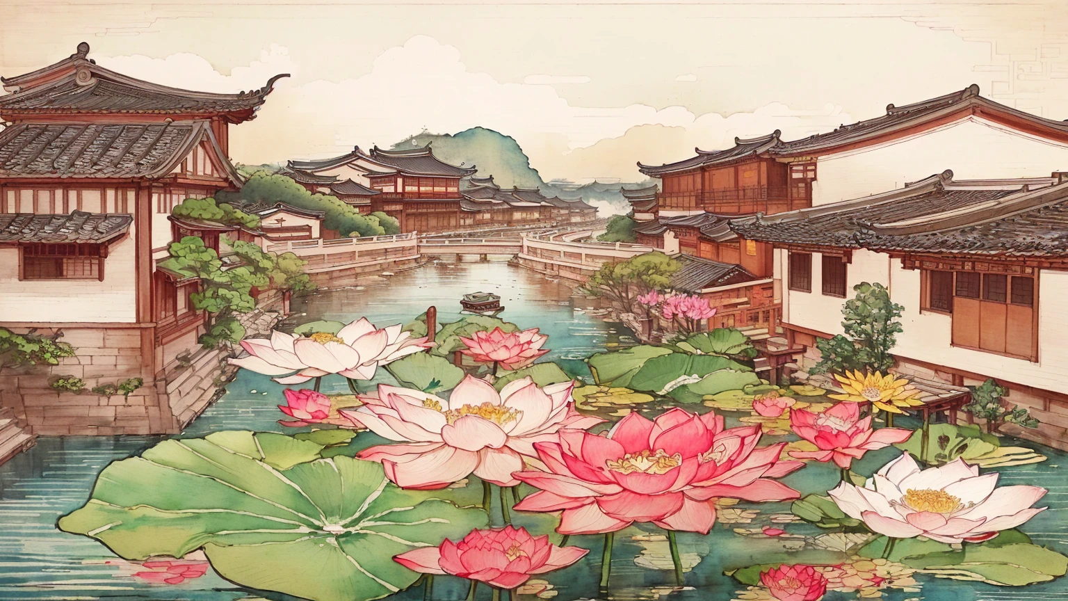 there is a painting of a river with flowers and buildings, dreamy chinese town, chinese watercolor style, chinese painting style, chinese style painting, traditional chinese watercolor, chinese village, old asian village, ancient china art style, lotus pond, traditional chinese art, a beautiful artwork illustration, chinese brush pen illustration, traditional chinese painting, highly detailed water colour 8k