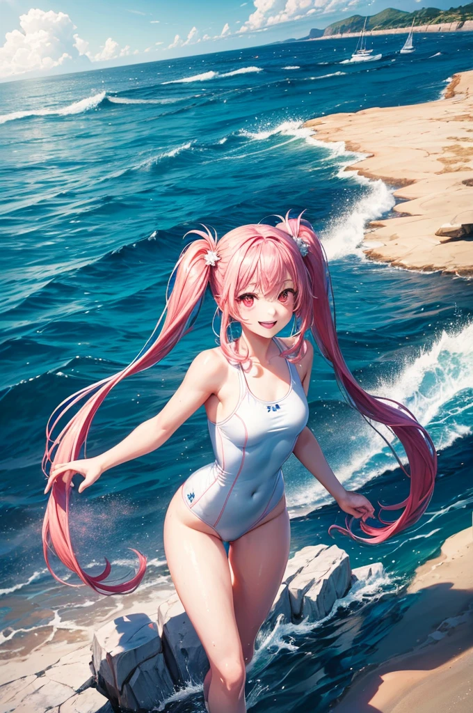 1girl, beautiful girl, cute girl and idol face, young face, smile, Beautiful long pink hair, twintails, Beautiful shining red eyes, white skin, slender, Short body, navy blue One-piece swimsuit, show full body, Summer Sea, Seaside, bathing beach, Girl playing with waves on the beach, Dynamic girl


