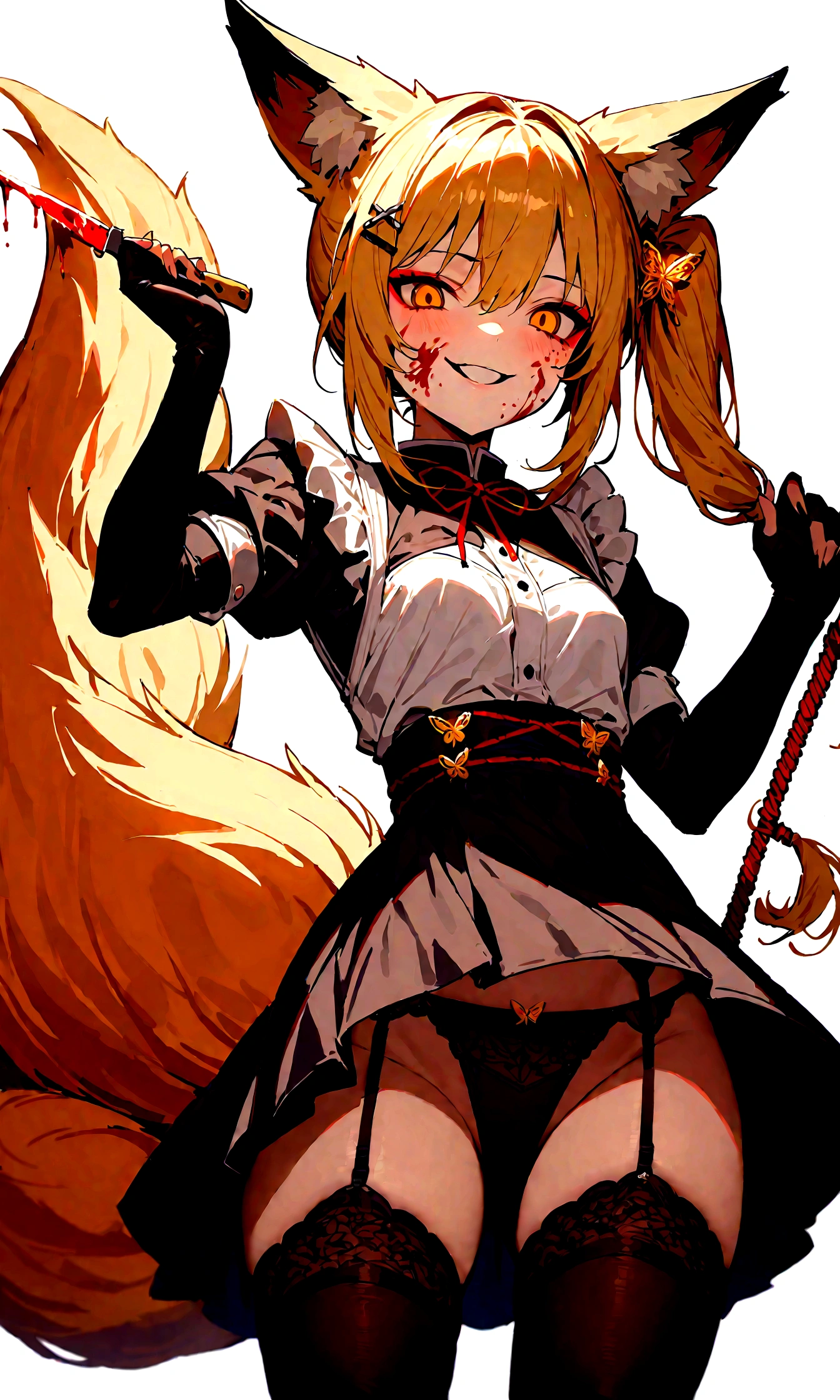 (masterpiece, best quality) junior,1girl,detailed, (beautiful,small breasts), blonde,long hair, side ponytail(tied to the left),Hairpin decoration with gold butterfly, elegant, (fox ears),nine tailed fox tail, red eyeshadow, golden eyes, femur，dark night sky,girl,yandere eyes,bloody face,피묻은 Maid복,Maid,white shirt,Black Skirt,Black stockings,Garter belt stockings,Bloody(blood on fullbody),bloody knife,ninja rope,holding weapon,evil smile