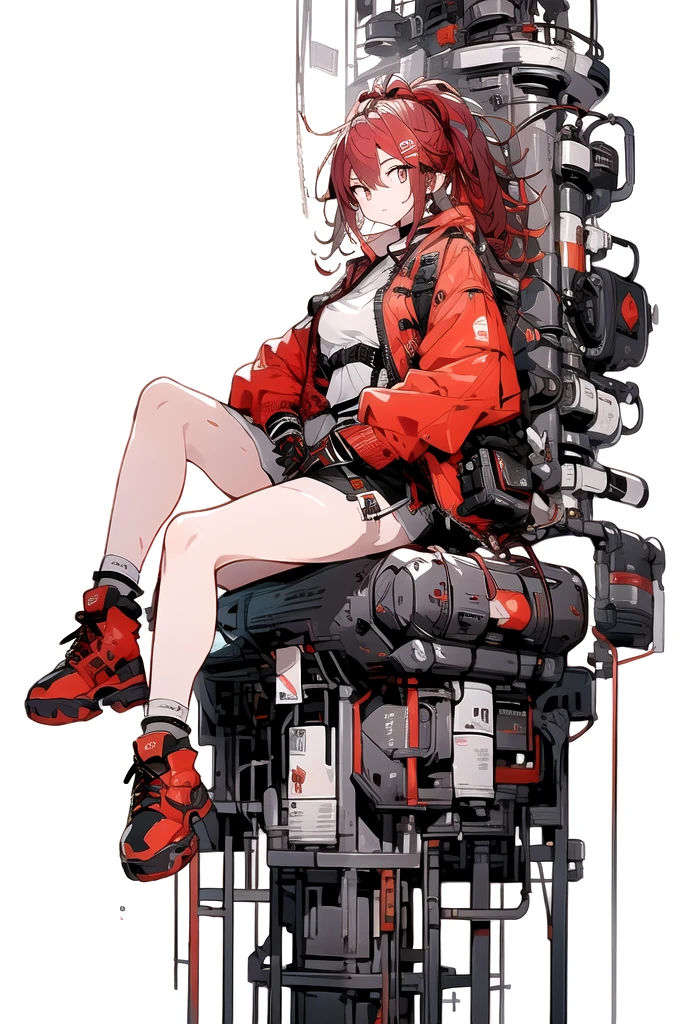 ((Full body shot)), ((No background)), ((White background)), line art, illustration, masterpiece, ultra detailed, high resolution, high quality, industrial, engineer,1girl, solo, {{{red and gold eyes}}}, facing viewer, closed mouth, very long red hair in a ponytail, sitting down, wearing a red shirt, short black denim shorts, red and black boots, bid breast.