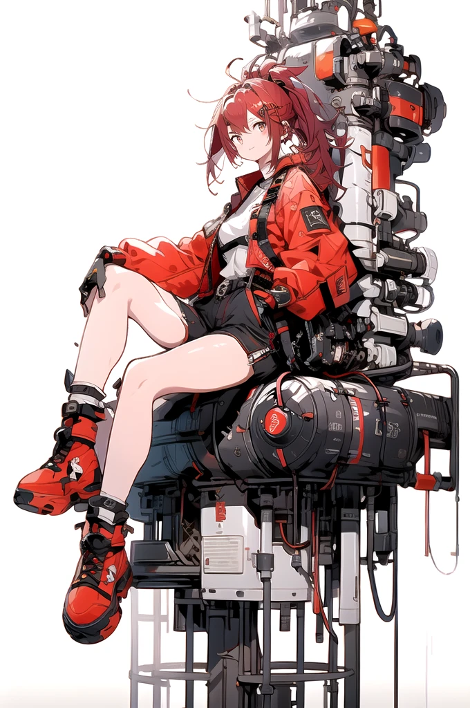 ((Full body shot)), ((No background)), ((White background)), line art, illustration, masterpiece, ultra detailed, high resolution, high quality, industrial, engineer,1girl, solo, {{{red and gold eyes}}}, facing viewer, closed mouth, very long red hair in a ponytail, sitting down, wearing a red shirt, short black denim shorts, red and black boots, bid breast.