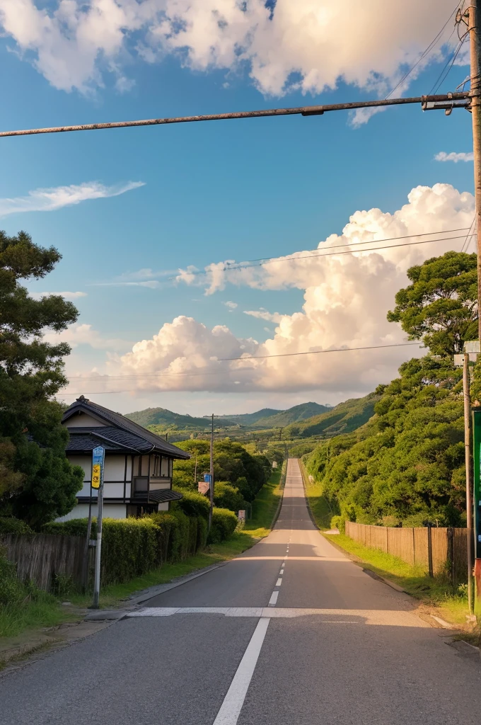 Rural road，The signboard is in the Showa era of Japan.，The characters are from another world，Sunset scenery with rainbow-colored clouds