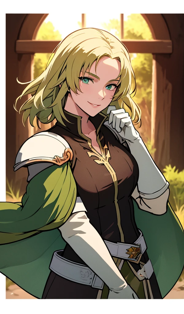 masterpiece, best quality, feSelena, brown tunic, green cape, white elbow gloves, shoulder armor, belt, upper body, looking at viewer, serene smile, forest, bog, sunset, medium hair length