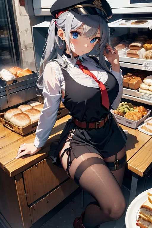 (perky chest:1.2), (pointed chest:1.2),(icecream magazine cover:1.3),(from above:1.2),(shoot from the side:1.1),(((Black Tunic:1.3))),(((cakes and bread in the basket),a 23yo Cute and beautiful girl,masterpiece、highest quality、Very detailed、Beautiful fine details、Detailed landscape、Braided Ponytail、Red camisole、((B cup breasts, Tank top showing underboob:1.0)), thigh strap, bangs, necktie, earrings, nail polish, fishnet pantyhose, silver hair, looking at viewer, full body, bottle, own hands together, belt, food, ring, choker, english text paper:1.2, collared shirt, blue eyes, hat,lace-up boots ,