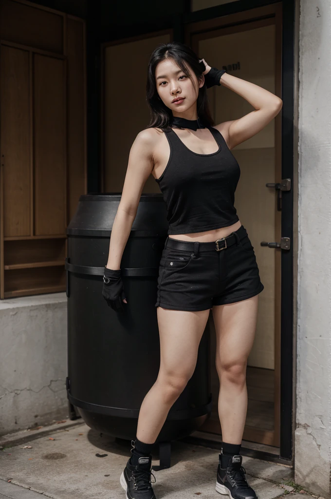 Korean woman wearing a black tank top, black armor, black cargo, black gloves and black shoes, has 32 inch breasts