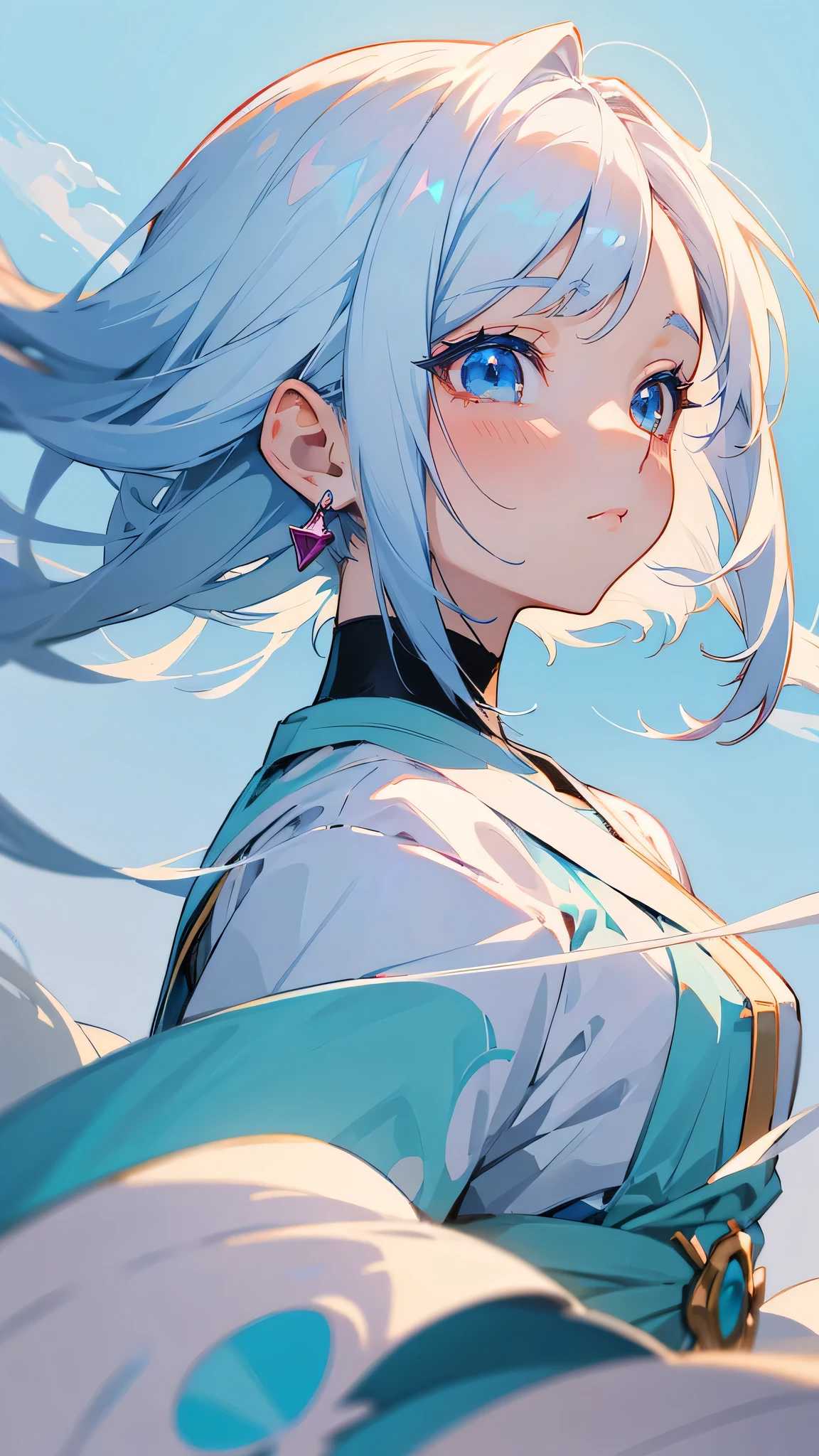 Blue Hair、Anime girl with earrings looking up at the sky, Anime Girl Profile, Beautiful anime portrait, White hair girl, Beautiful anime style, anime girl portrait profile, high quality Anime art style, beautiful Anime art style, Stunning anime face portraits, Beautiful anime face, Anime art style, White-haired lady, Anime art style, Aesthetic award-winning anime