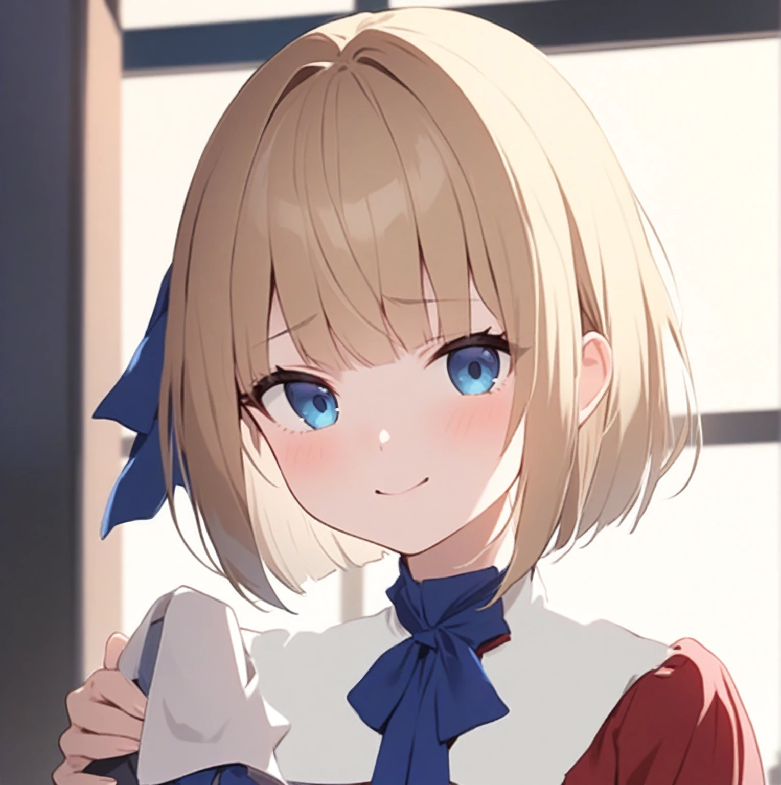 ((masterpiece)), ((Highest quality)), ((1girl)), Liechtenstein, Hetalia, Blue ribbon, Bobcut, Blonde pretty girl, blue eyes, Highlight less eyes