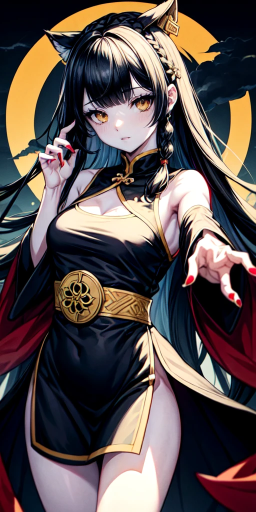 lora:flat:-1.2, masterpiece, best quality, 4k, 8k, 1 woman, solo, pale skin, tall stature, long hair, blunt bangs, side braid, black hair, ugly face, bad face, bad eyes, droopy eyes, unclear eyes, ruby red eyes, lemon yellow eyes, pale skin, black eyeliner, black eye shadow, heterochromia, slender frame, frightened, ofuda, jiangshi costume:1.2, sheath long skirt, China dress, fang, horror, coffin, forest, dark night, stormy weather, fog, from front, cowboy shot, look at viewer, paw pose,