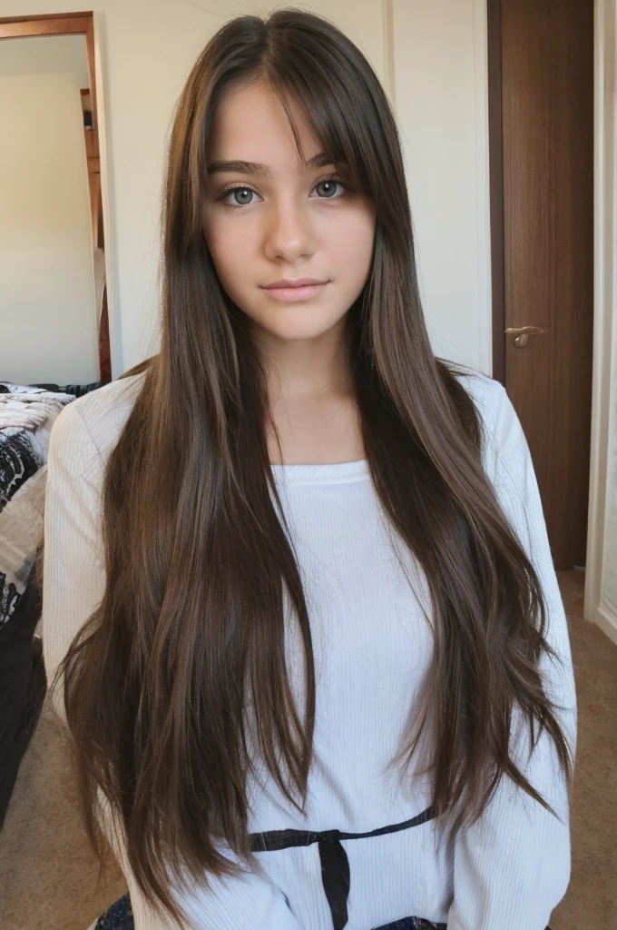 Teenage girl of 17 with long hair with fringes very beautiful in her room