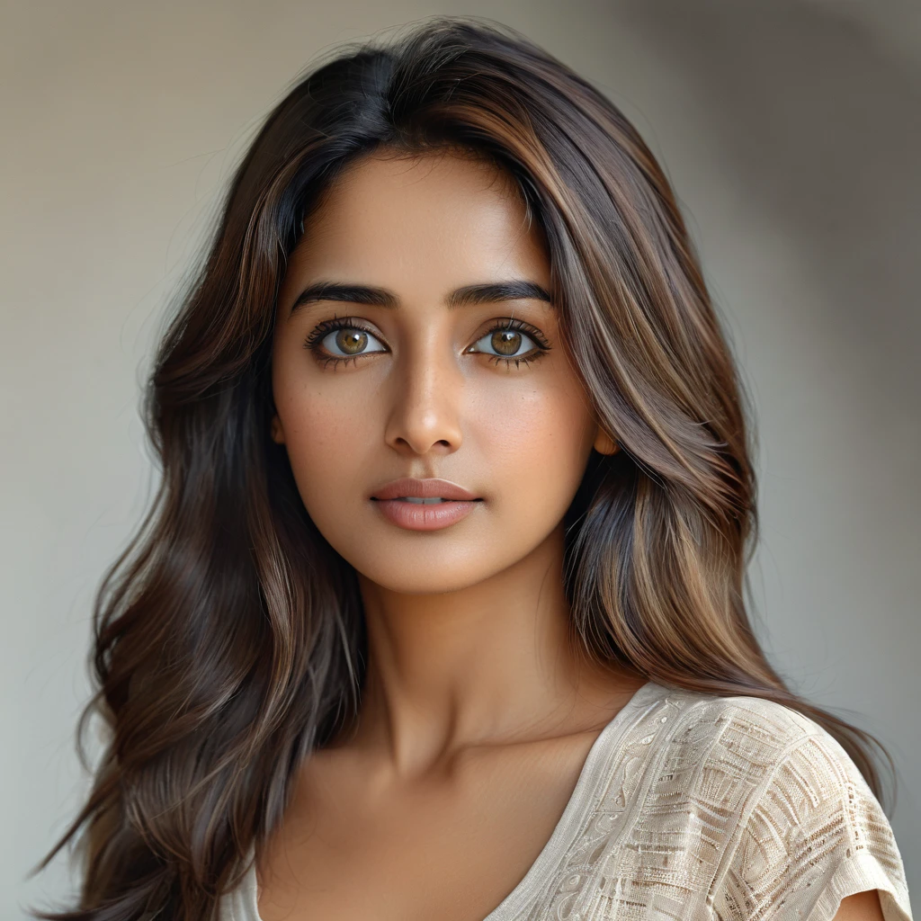 A photorealistic portrait of a 28-year-old Indian woman with long, dark hair, grey eyes, and a beautiful oval face. She is dressed in a modern top, emphasizing her wheatish skin with light brown tone highlights and beautiful lips. The image should be high detailed, full body shot, in 8k HDR quality, capturing her stunning features and elegant dressing style.
