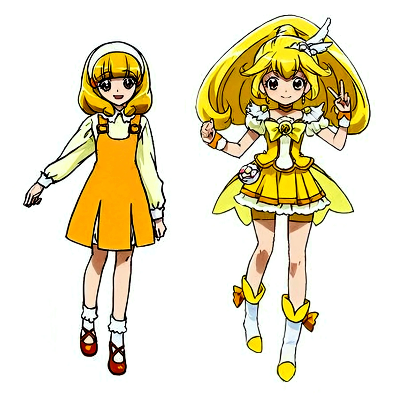 two anime characters, dressed in yellow and white outfits, magical girl style, anime girl named Lucy, best anime character design, official art, glamorous digimon angel, magical girl anime Mahou Shojo, Rei Hiroe, Ai Takano's color style, Sakura Kinomoto, in the art style "ryuu no oshigoto", anime hello fructose