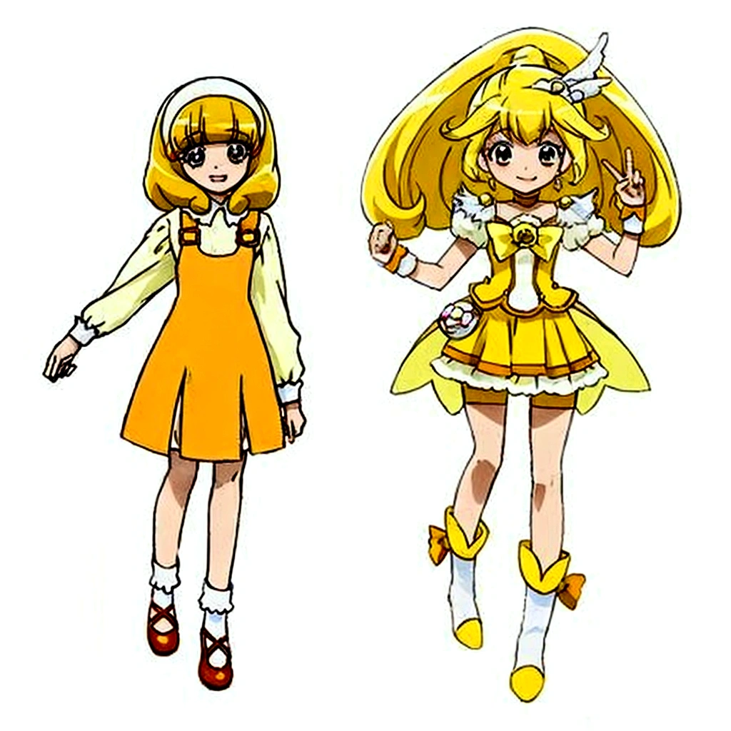 two anime characters, dressed in yellow and white outfits, magical girl style, anime girl named Lucy, best anime character design, official art, glamorous digimon angel, magical girl anime Mahou Shojo, Rei Hiroe, Ai Takano&#39;s color style, Sakura Kinomoto, in the art style &quot;ryuu no oshigoto&quot;, anime hello fructose