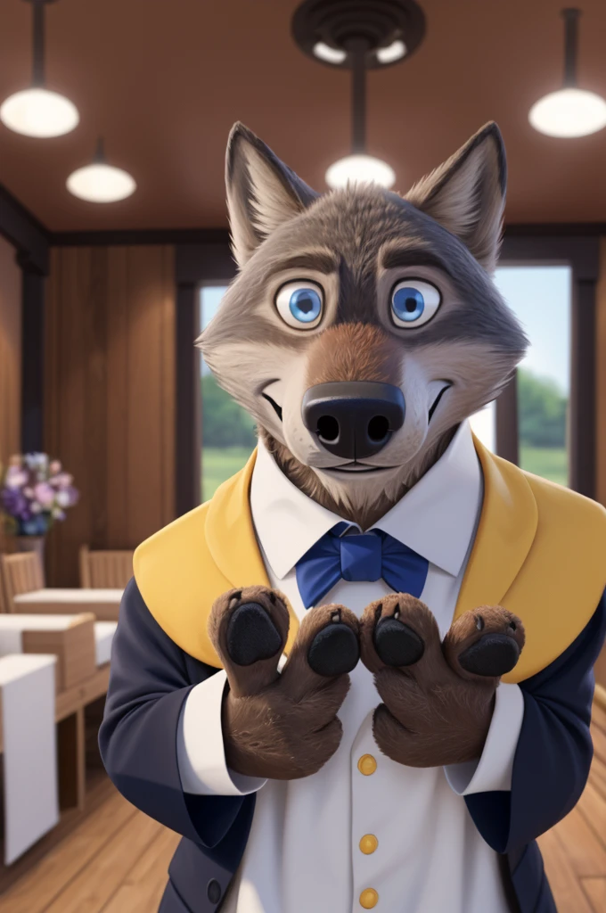 Larry (Zootopia), wolf, Gray Fur, (brown body:1.3), beautiful blue eyes, Zootopia,  Pope, Catholic priest,pectoral cross,canine,wolf, detailed fur, male, second, paw pads, finger claws,wears a bow tie, Games,At the viewer, 5 fingers, paws, 4 toes, in the wedding palace, groom,ring, holds, flowers for wife, 
BREAK from nextel, for dating, by xenoforge, (difficult, high detail,digital photography, soft focus, RAW, close to the camera, smile, positive, Good, mood, Houses, looks at the viewer, очень close to the camera, in the shop,his, wedding palace combination, 
Photorealism, realistic, photorealistic,digital style, Subsurface scattering,очень close to the camera
шедевр, Best quality, ultra realistic, 8 thousand.)
