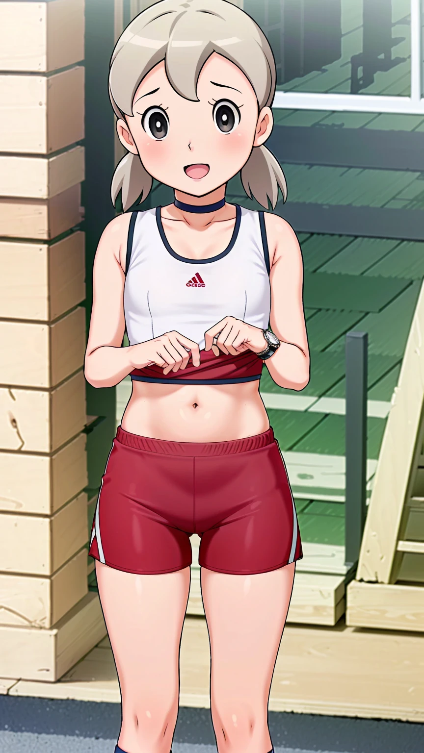 ((ultra detailed, masterpiece, absurdres)) Workout gym background, Body facing viewer, DOAHelena, 1girl, long hair, blonde hair, in training wears, navel (choker, blue choker), (Sport shirt, White shirt, red outline on shirt, the shirt is tied, Sleeveless), watch on the wrist, (Sport shorts, red Shorts), seductive faces
