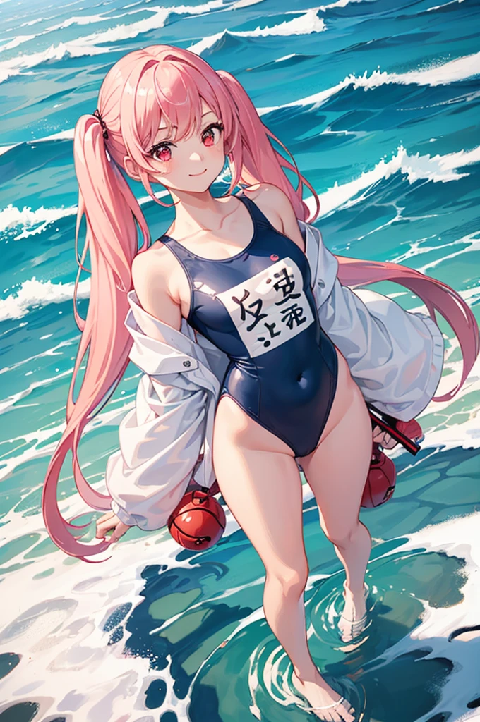 1girl, beautiful girl, cute girl and idol face, young face, smile, Beautiful long pink hair, twintails, Beautiful shining red eyes, white skin, slender, Short body, navy blue One-piece swimsuit, show full body, Summer Sea, Seaside, bathing beach, Girl playing with waves on the beach, Dynamic girl