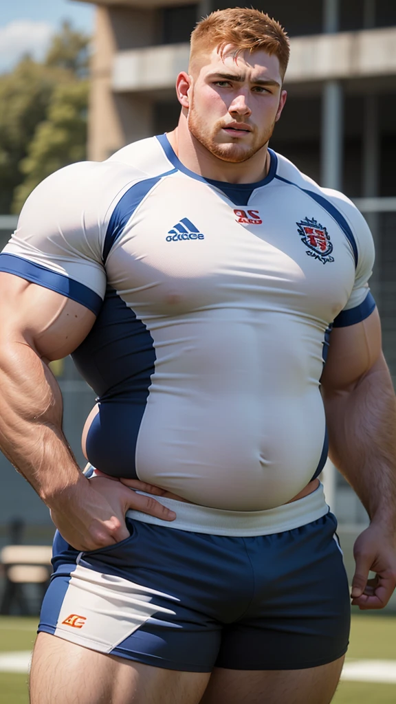 Tall, strikingly handsome hunky overweight young male rugby player, ginger fade haircut, chiseled masculine hunk face, muscular thick body and huge enormously fat belly, wearing tight rugby shirt and small white rugby shorts