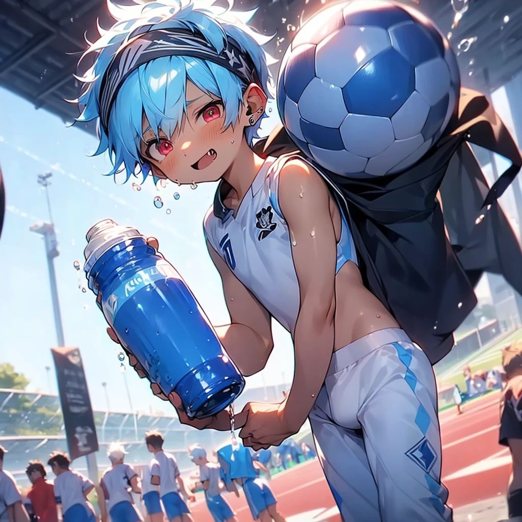 (solo:2), (boldline:-1.7), (drinking:1.3), (holding bottle:1.5), (arched back:1.1), (bubble), (standing:1.5), (((fang))), (((best finger))), BREAK (best quality:1.5), (absolutely resolution:1.5), (ultra detailed:1.5), (masterpiece:1.5), (perfect face), (detailed face), (detailed eyes), (best eyes), (cute face), (shota:2), BREAK (white soccer uniform:1.4), BREAK (blue sports pants:1.5), BREAK (black head band:1.3), (sweaty skin:1.3), (bulge:1.4), (skinny:1.3), (spiked hair), BREAK (light blue hair:1.5), (wine red eyes:1.4), (eyes with highlight:1.6), ((mole under eye)), (sweaty skin), (chuckling:1.5), ((earrings)), (shiny skin:1.3), BREAK (soccer ground:1.5), (soccer ball:1.3), (sunlight), ((wind blowing)), nipple, (abs), (groin),