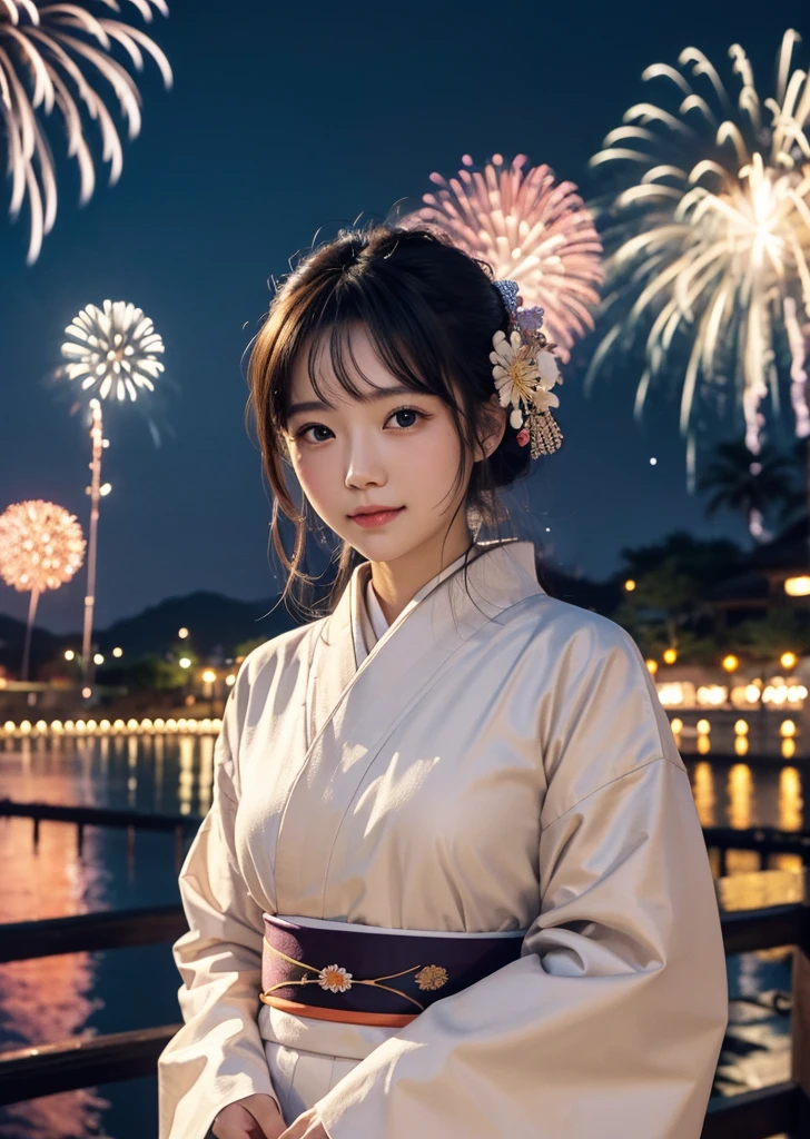 Diffuse lighting、 Highest quality, High resolution, unity 8k wallpaper、Supersaturation, Colorful, 8K resolution, 1 female、Japanese、23age、Close-up portrait adorable,Too cute cat, Fine grain, Large, round, reflective eyes,Walking through the ceremony grounds in a kimono, Colorful fireworks burst into the sky. The atmosphere was cheerful, With volume light, Soft Light, Aerial fireworks、Japanese Festivals, Best Quality, Depth of written boundary, Detailed Background, Beautiful cheeks, Sparkling Eyes, And the starry sky at night,