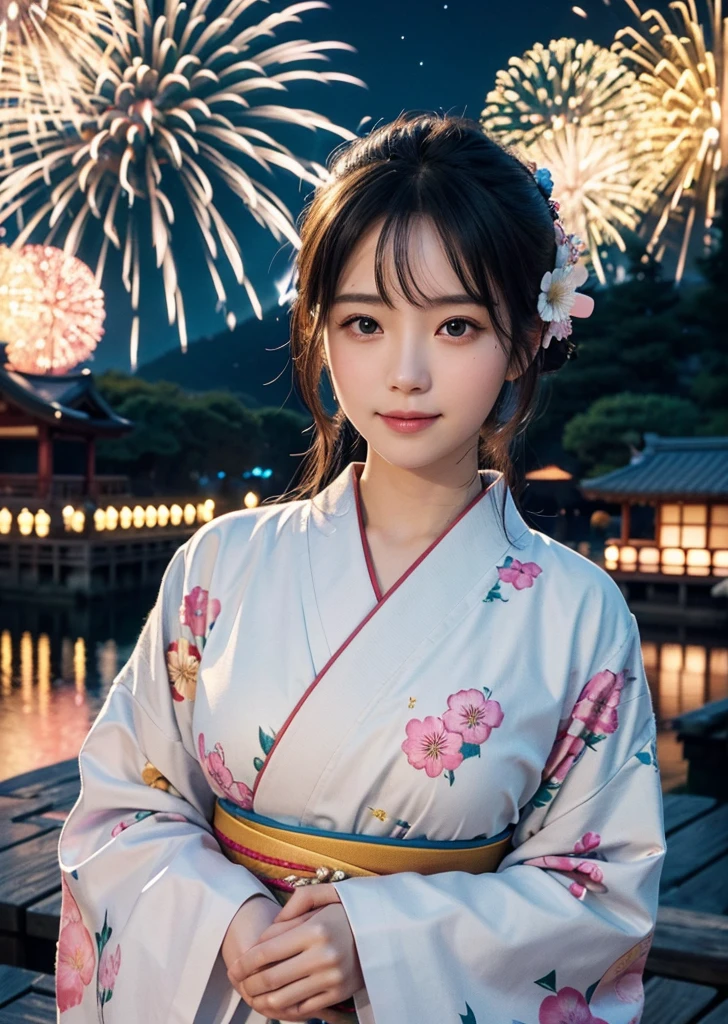 Diffuse lighting、 Highest quality, High resolution, unity 8k wallpaper、Supersaturation, Colorful, 8K resolution, 1 female、Japanese、23age、Close-up portrait adorable,Too cute cat, Fine grain, Large, round, reflective eyes,Walking through the ceremony grounds in a kimono, Colorful fireworks burst into the sky. The atmosphere was cheerful, With volume light, Soft Light, Aerial fireworks、Japanese Festivals, Best Quality, Depth of written boundary, Detailed Background, Beautiful cheeks, Sparkling Eyes, And the starry sky at night,