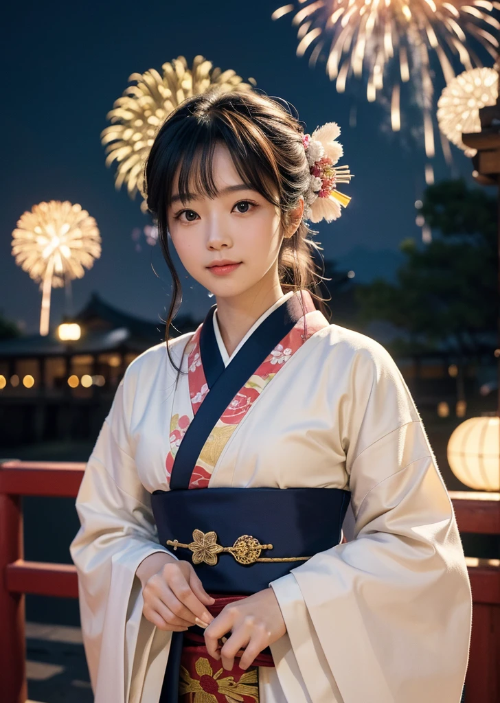 Diffuse lighting、 Highest quality, High resolution, unity 8k wallpaper、Supersaturation, Colorful, 8K resolution, 1 female、Japanese、２３age、Close-up portrait adorable,Too cute cat, Fine grain, Large, round, reflective eyes,Walking through the ceremony grounds in a kimono, Colorful fireworks burst into the sky. The atmosphere was cheerful, With volume light, Soft Light, Aerial fireworks、Japanese Festivals, Best Quality, Depth of written boundary, Detailed Background, Beautiful cheeks, Sparkling Eyes, And the starry sky at night,
