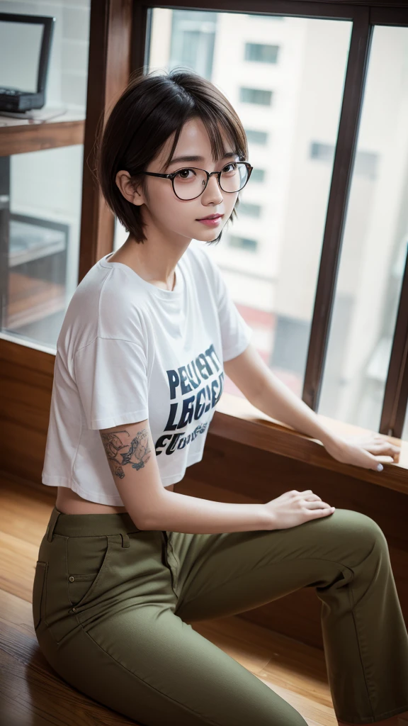 Scored7_up, scored8_up, scored9, Real-photo, (masterpiece), high-quality, best-quality, low-light, soft-light, sufficent-lighting, ultra-realistic, hyper-realistic, super-detailed, blush, smooth, bokeh, highly detailed face and skin, Sharp focus of face and body, UHD, POV, RAW, 8K, middle-shot, dynamic-concept, very detailed texture, professional-photograph, very detailing, impeccable, (photon-mapping), absurdres, Heterosexual. 1girl, korean, cool-beauty, (perfect-face:2), doubleyelids, expressive-eyes, thin-eyes, thin-face, thin-chin, short hair, wearing, eyeglasses, cropped t-shirt, giant breasted, fit body, (full tattooed), wide legged baggy trouser, sitting pose, indoor, store, looking at viewer, bottom view, happy expression