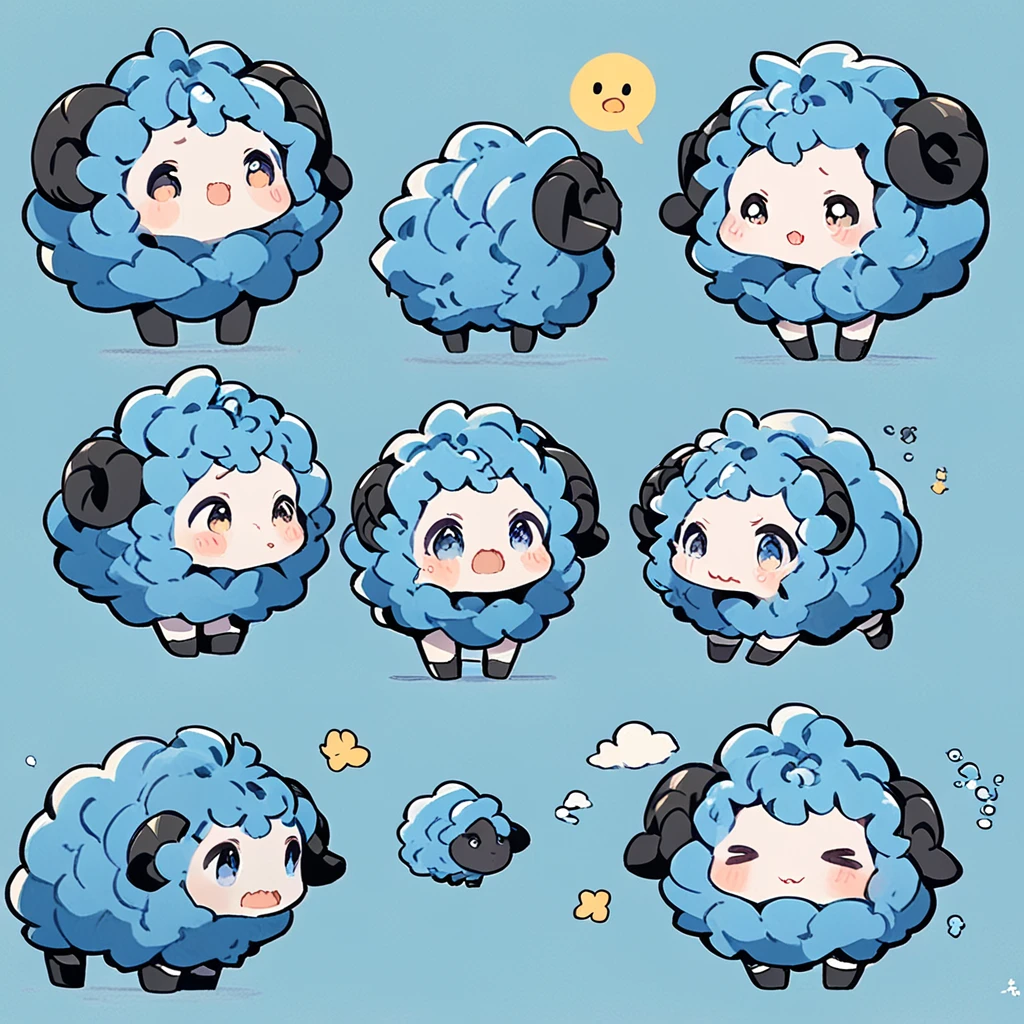 A whimsical blue sheep。emoji,anthropomorphic style,black strokes,solid background color,different emotions,multiple poss and expressions.8K--ar 3:4 --style cute --niji 5