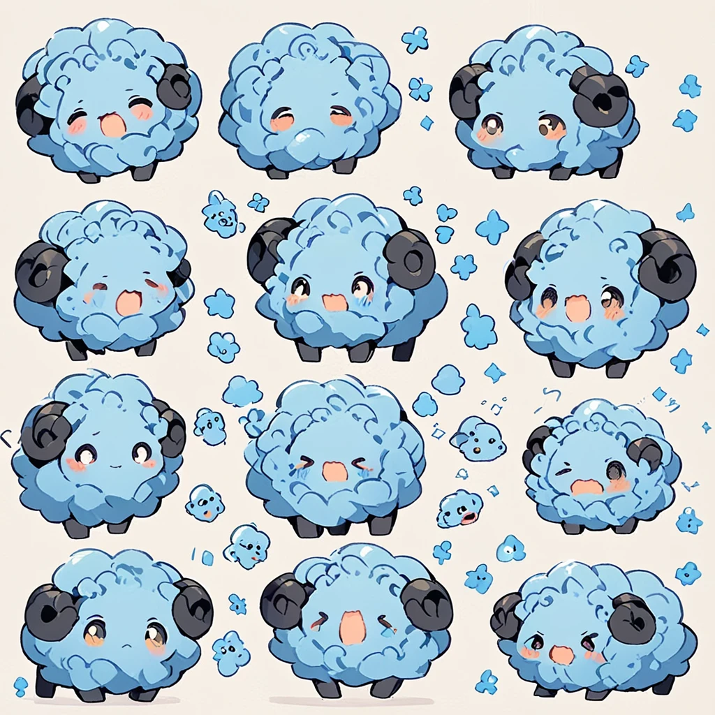 A whimsical blue sheep。emoji,anthropomorphic style,black strokes,solid background color,different emotions,multiple poss and expressions.8K--ar 3:4 --style cute --niji 5