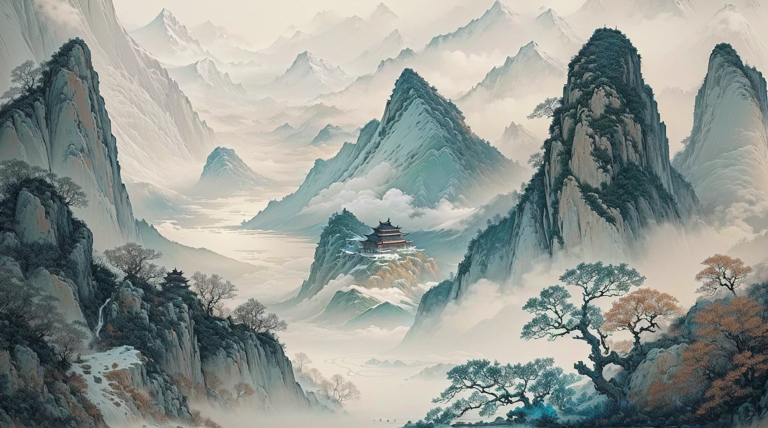 there is a painting of a mountain scene with a boat in the water, chinese landscape, detailed scenery —width 672, inspired by Ma Yuan, (mist), mist, zhuoxin ye, chinese painting style, qi sheng luo, by Yun Du-seo, chinese style painting, by Qiu Ying, by Cheng Jiasui, misty mountains