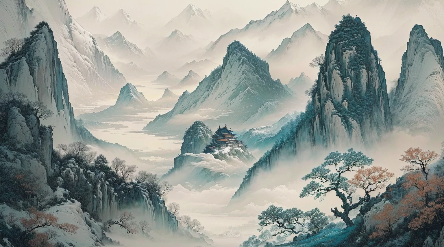 there is a painting of a mountain scene with a boat in the water, chinese landscape, detailed scenery —width 672, inspired by Ma Yuan, (mist), mist, zhuoxin ye, chinese painting style, qi sheng luo, by Yun Du-seo, chinese style painting, by Qiu Ying, by Cheng Jiasui, misty mountains