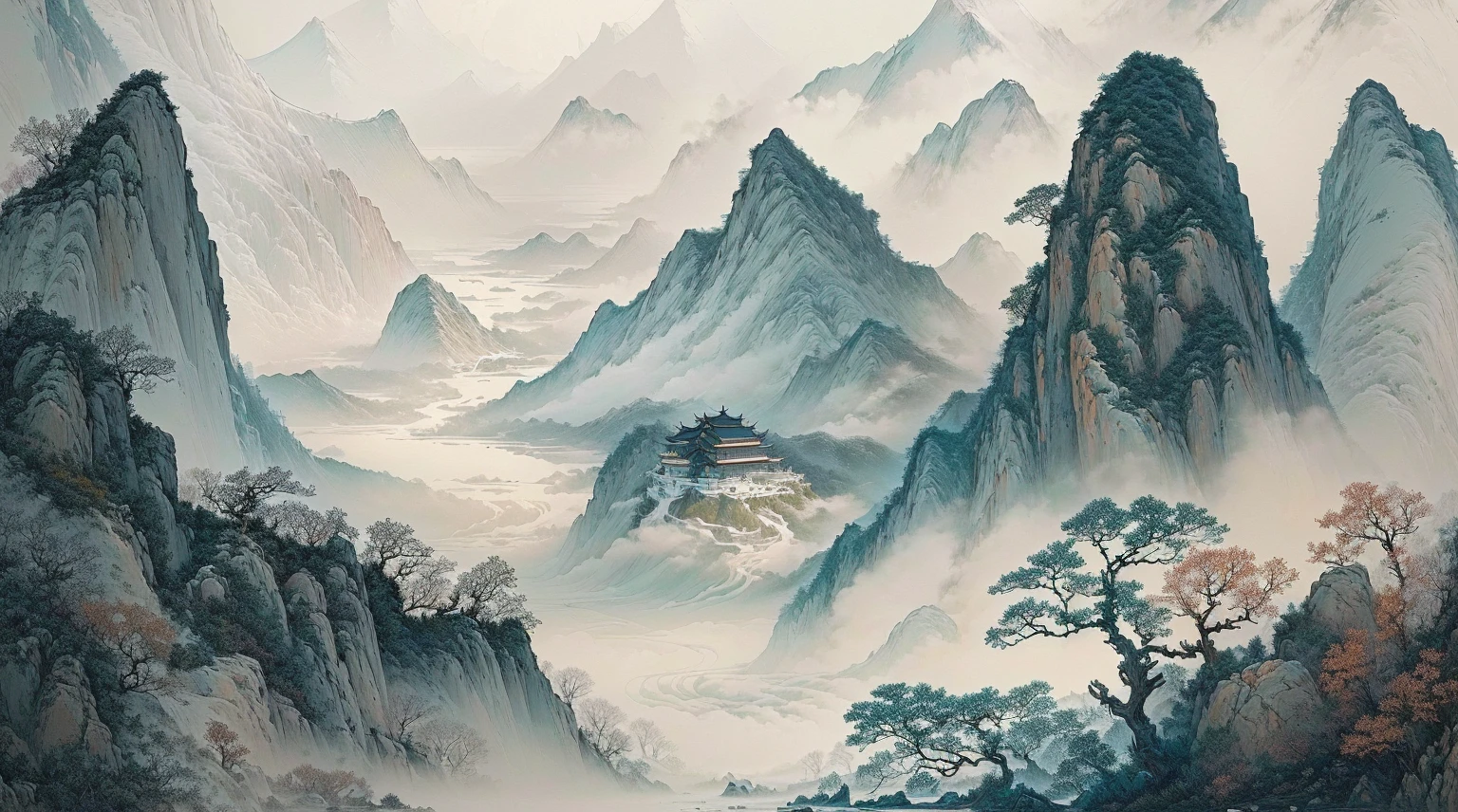 there is a painting of a mountain scene with a boat in the water, chinese landscape, detailed scenery —width 672, inspired by Ma Yuan, (mist), mist, zhuoxin ye, chinese painting style, qi sheng luo, by Yun Du-seo, chinese style painting, by Qiu Ying, by Cheng Jiasui, misty mountains