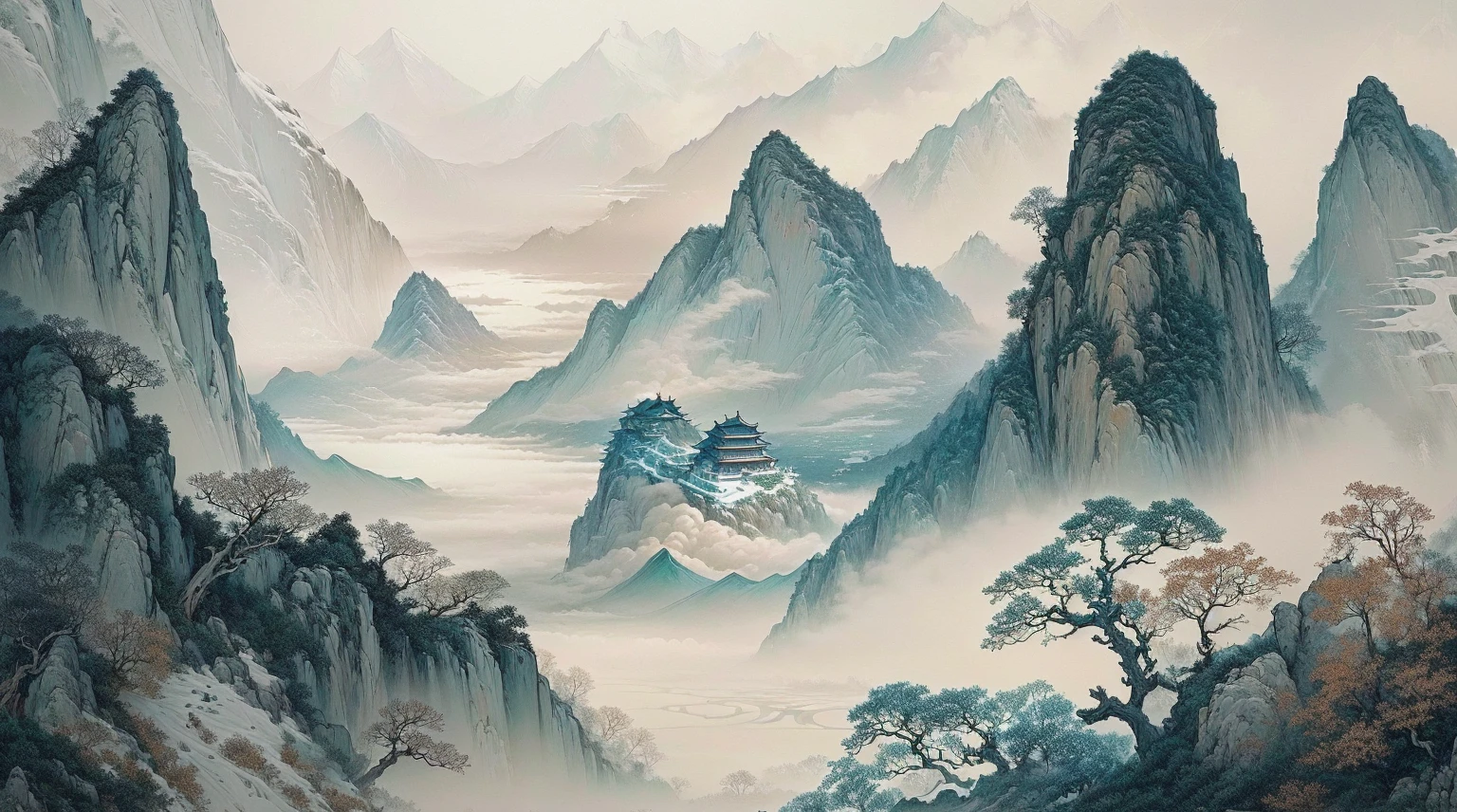 there is a painting of a mountain scene with a boat in the water, chinese landscape, detailed scenery —width 672, inspired by Ma Yuan, (mist), mist, zhuoxin ye, chinese painting style, qi sheng luo, by Yun Du-seo, chinese style painting, by Qiu Ying, by Cheng Jiasui, misty mountains