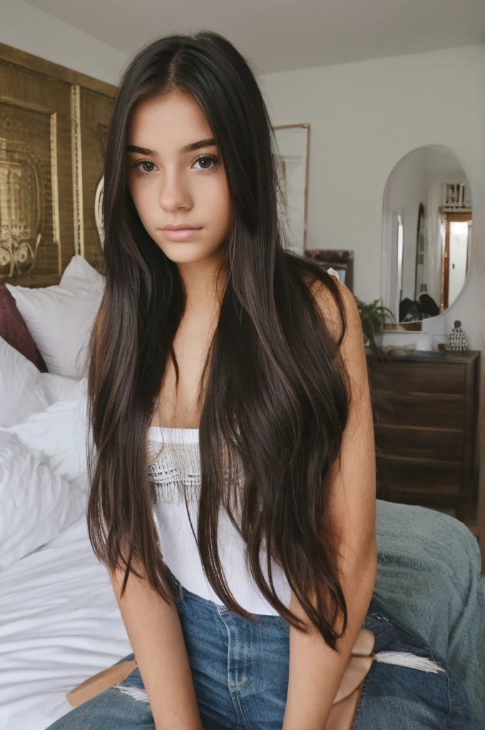 Teenage girl of 17 with long hair with fringes very beautiful in her room