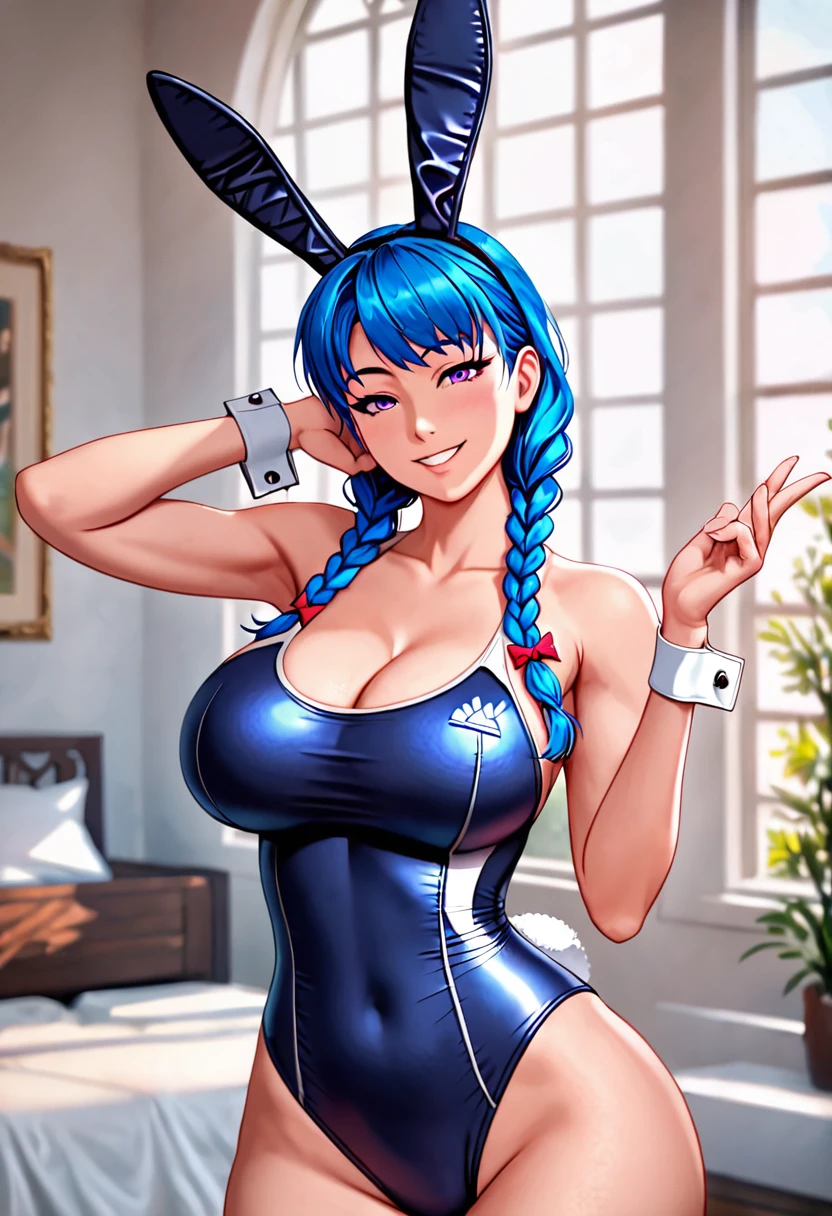 Anime style, source_anime, ((Large round breasts)), (1 Girl), ((blue hair: 5.2, hair with two side braids)))), purple eyes, double eyelids, light effect in the eyes, wide hips, naughty smile, ((hourglass hot perfect sexy body)), solo, best quality, masterpiece, portrait, flirting with viewer, sensual pose, detailed, perfect anatomy, detailed art, high definition, 4k , high resolution, (bunny swimsuit),