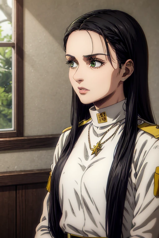 35 year old woman, long black hair, greeneyes, neutral expression, necklace on the neck, White military uniform, marley, liberio,