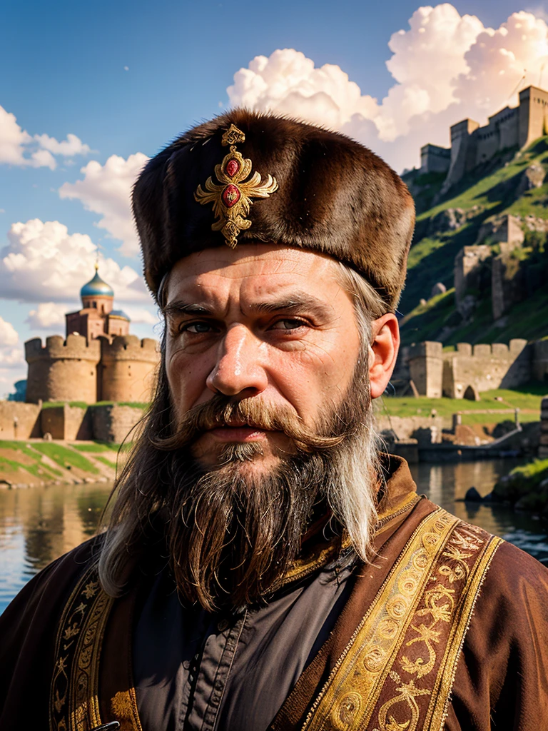 Magnificent portrait, photorealism, Ancient Russian hero, Ilya Muromets, gray beard, long beard, brown eyes, wrinkles on the face, strong face, (national costume of the ancient Russian warrior)), looking at the viewer, (against the background of an ancient fortress), cloudy sky  , sunset, depth of field, bokeh