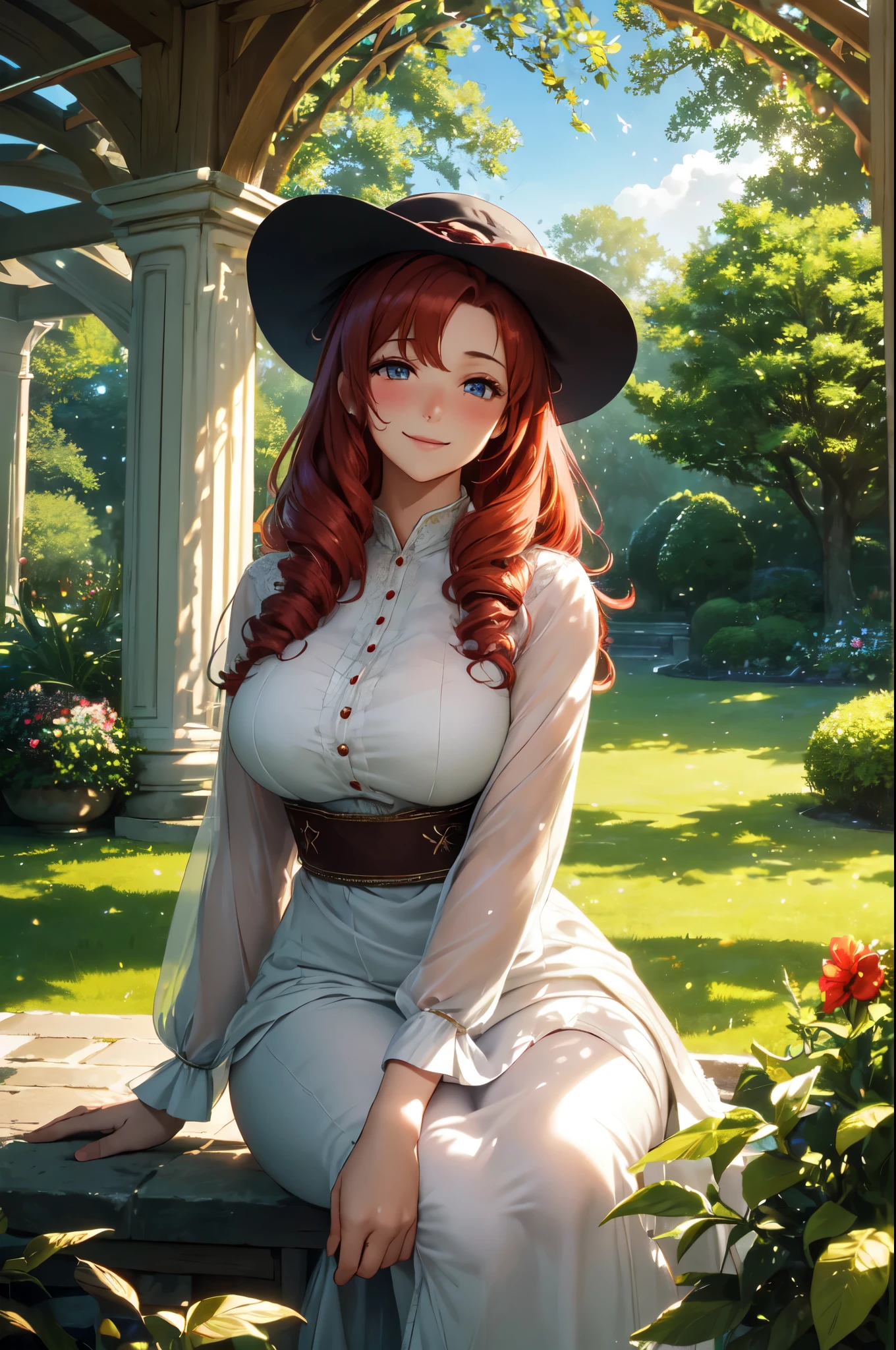 (High quality, High resolution, Fine details), fantasy landscape, garden, gazebo, sunlight filtering through trees, elegant dress, Capelin Hat, solo, curvy adult women, light curly light red hair, sparkling eyes, (Detailed eyes:1.2), smile, blush, Sweat, Oily skin, magical atmosphere, natural lighting, Soft tones, shallow depth of field