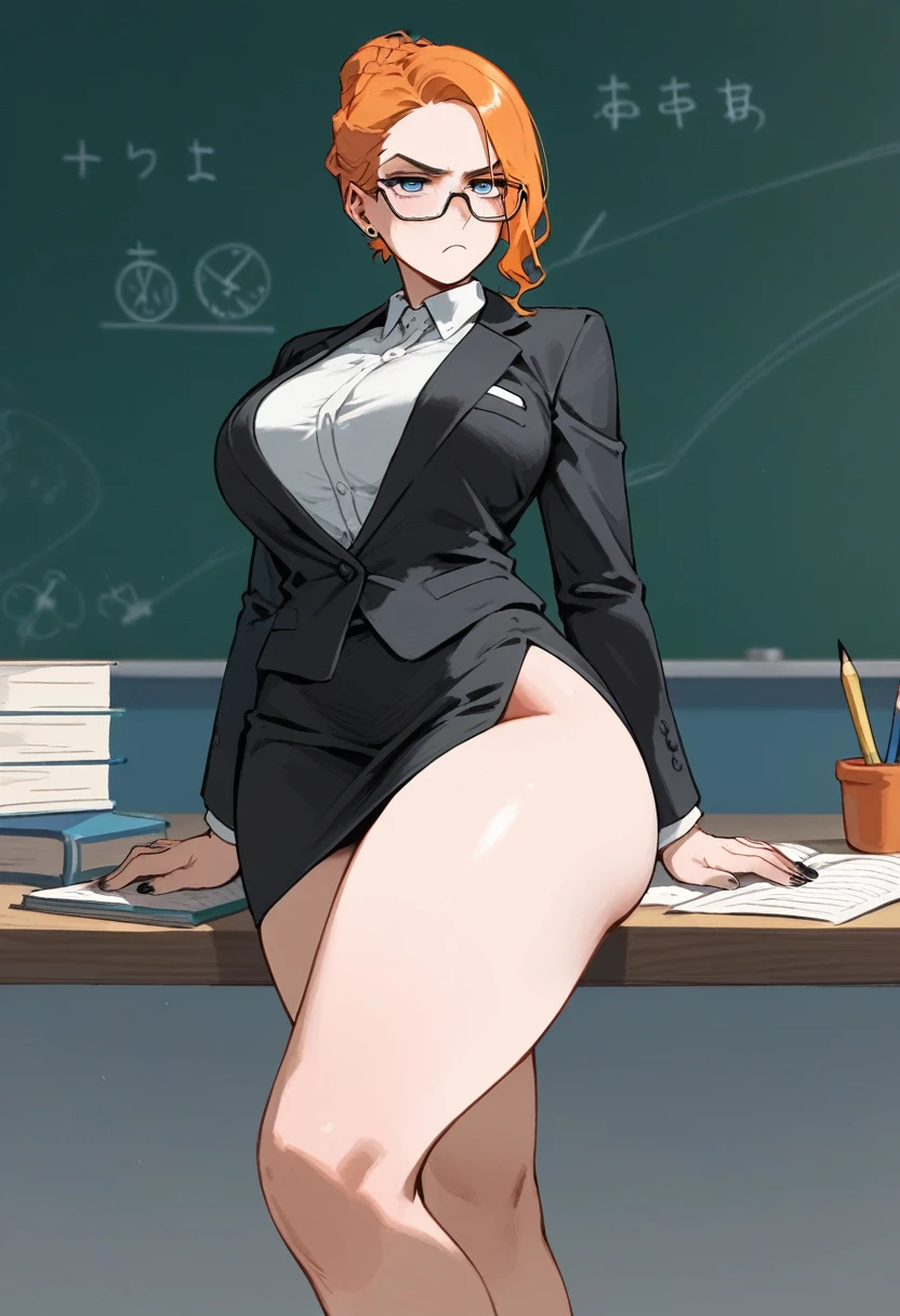 female teacher, pale porcelain skin, short ginger hair in sleek bun, glasses, strict facial expression, unamused wearing a black blazer over a white blouse, busty, wearing a tight black pencil skirt, wide hips, thick thighs, large thighs, wearing small black slip on flats on her feet, standing, entire body showing including legs and feet, feet shown