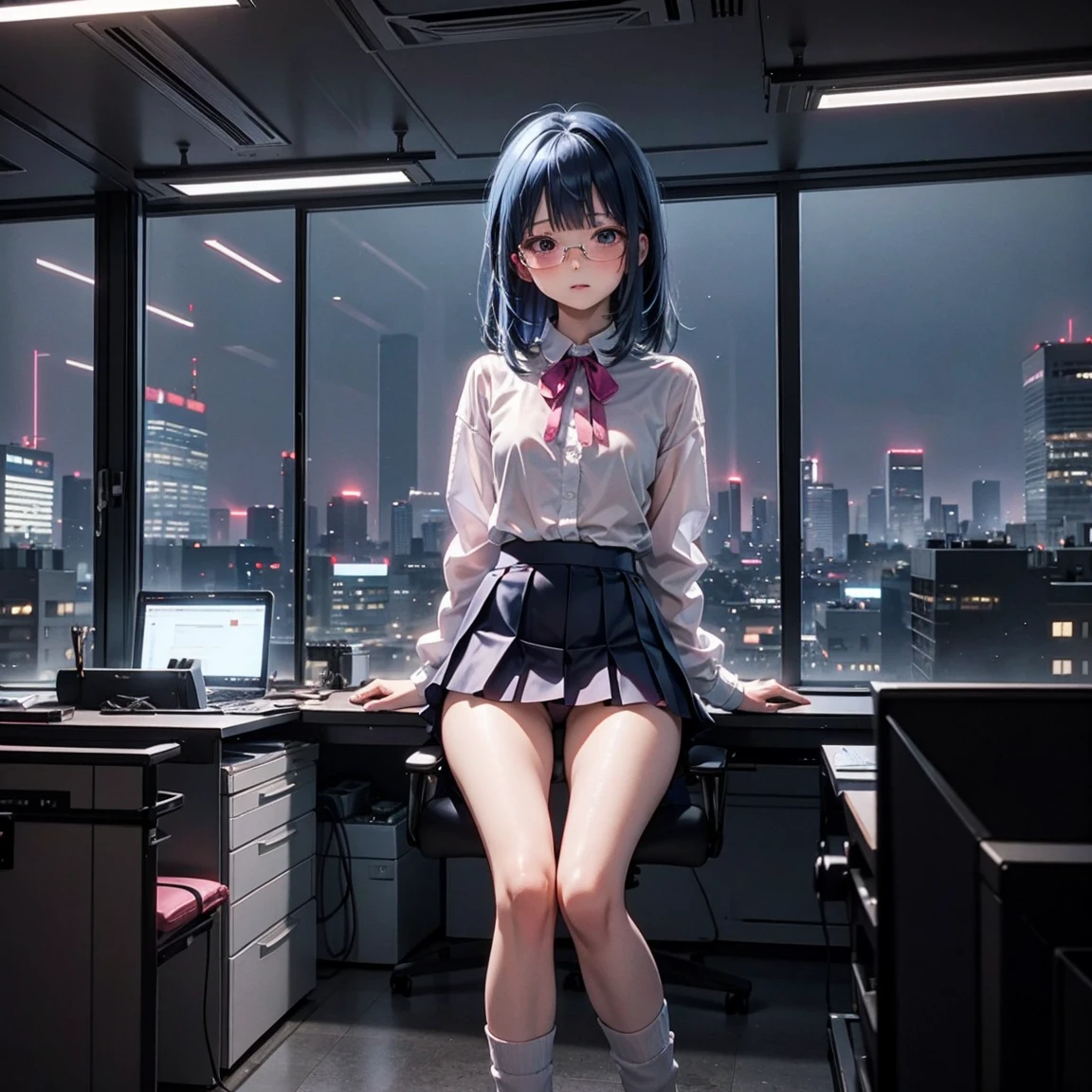 One woman（10 years old）、Glaring face、Long, blue hair、Thin glasses、White clothes、See-through shirt、ribbon、Short pleated skirt、Pink underwear、loose socks、Inside a skyscraper office at night、Spread your legs、Thin and lean legs