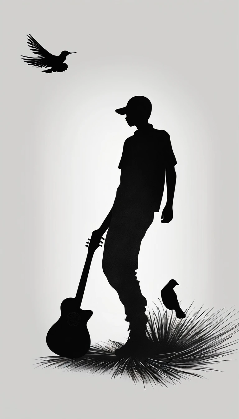 Create a modern, minimalistic logo design for a brand about music and movies called " Penamemoria". The logo must be in minimalistic style and convey a sense of storytelling. The logo is the silhouette of a boy and a bird. The boy is running with open arms, holding an acoustic guitar in the right hand and a bird feather in the left hand. Minimalistic logo design impressed on a book cover