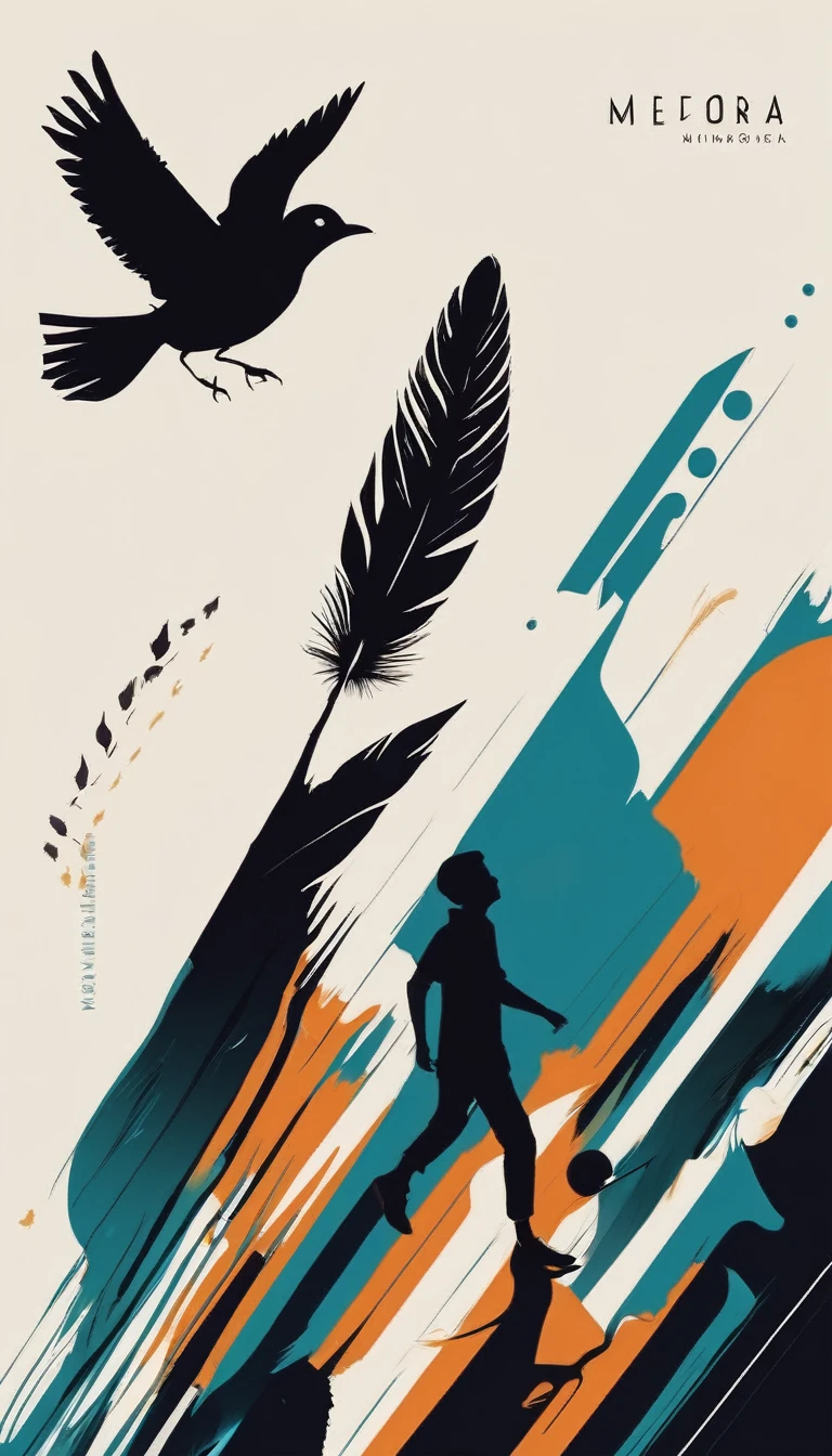 Create a modern, minimalistic logo design for a brand about music and movies called " Penamemoria". The logo must be in minimalistic style and convey a sense of storytelling. The logo is the silhouette of a boy and a bird. The boy is running with open arms, holding an acoustic guitar in the right hand and a bird feather in the left hand. Minimalistic logo design impressed on a book cover
