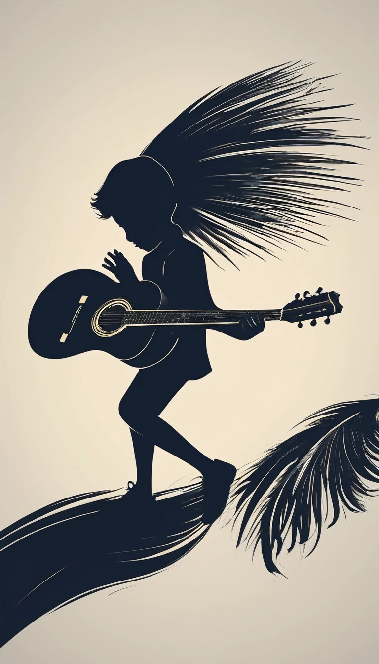 Create a modern, minimalistic logo design for a brand about music and movies called " Penamemoria". The logo must be in minimalistic style and convey a sense of storytelling. The logo is the silhouette of a boy and a bird. The boy is running with open arms, holding an acoustic guitar in the right hand and a bird feather in the left hand. Minimalistic logo design impressed on a book cover