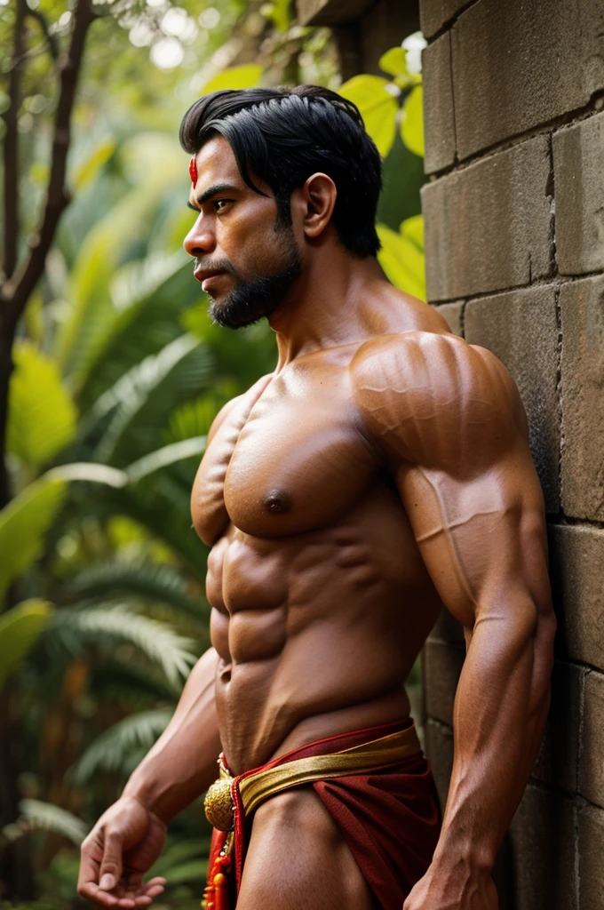 Lord hanuman,standing,side view,muscular lean body,