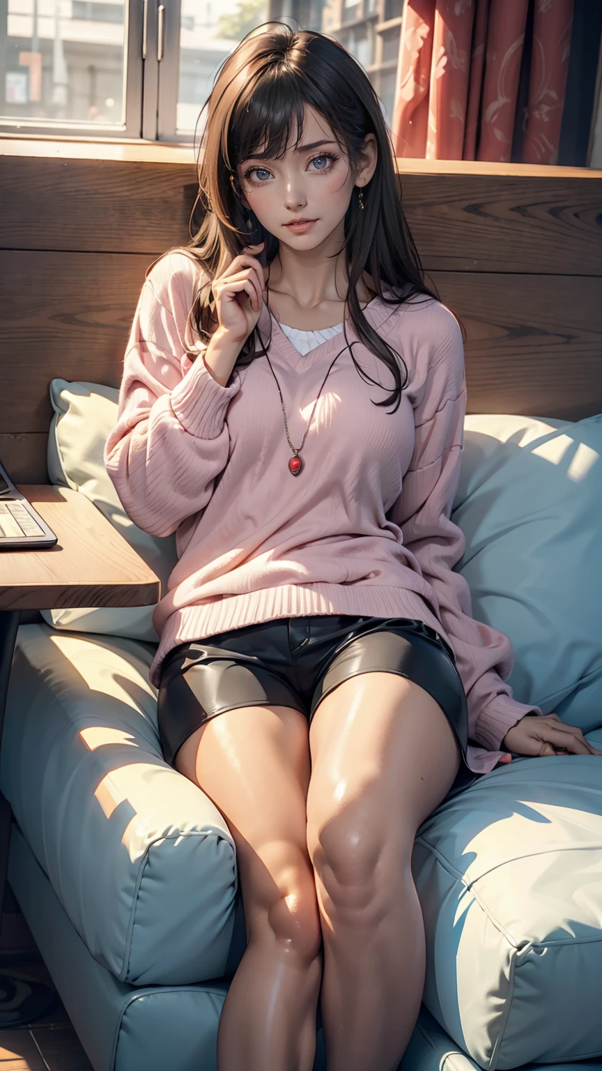 24-year-old female、Relaxed loungewear、Soft fabric hot pants、Fur slippers、Lying on a soft three-seater sofa and looking at a tablet、Push your glasses down your nose、Looking up at the viewer、I'm at home so I'm completely off guard、No makeup